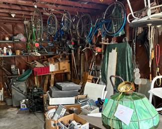 vintage bikes, yard care, hanging lamp