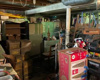 christmas tree, tools in the basement. Saw.