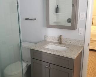 Mirrored medicine cabinet; bath vanity; toilet