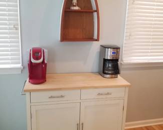 2-drawer buffet; coffeemaker; nautical shelf