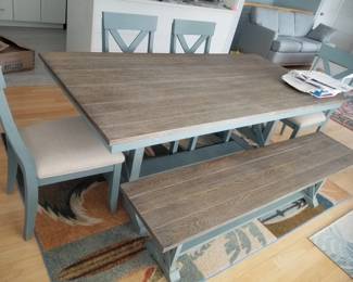 Trestle table dining set seats 6; table, 4 chairs & 1 bench
