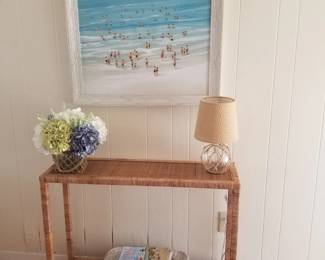 Wicker foyer table; table lamp
