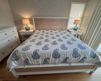 King bedroom suite: king bed; two nightstands; tall dresser; long dresser