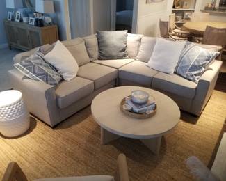 Pottery Barn sofa; coffee table; ceramic gaden stool; area rug