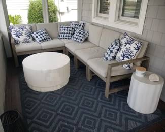 Porch/patio furniture by Pottery Barn; coffee table; end table; rug