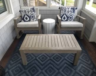 Porch/patio furniture by Pottery Barn; coffee table; end table; rug