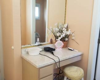 Vanity; mirrors; lights; stool