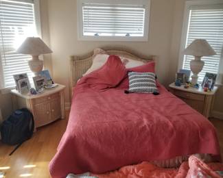 Queen bedroom suite: queen bed; two nightstands; dresser with mirror. Table lamps