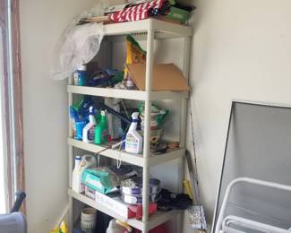 Plastic shelving; garage goodies