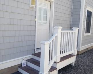 Entry door with internal blind; vinyl railing