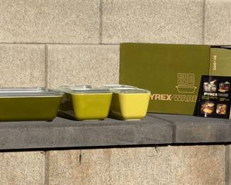 Vintage Avocado Pyrex with lids and original box