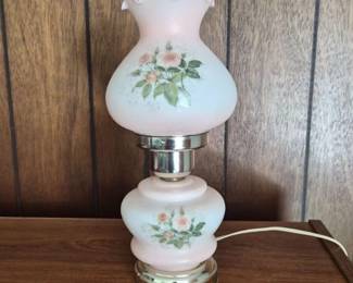 VintageFrostedPinkGlassHurricaneLampPinkRoseFloralMotif