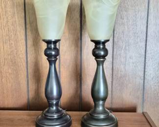 PairofFrostedMarbledGlassBronzedMetalTableLamps