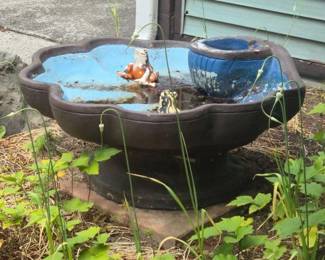 ScallopedCementBirdbathwithBlueBasinGardenFrogs