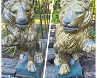 PairofOutdoorPaintedCementLionsRaisedPawStatues