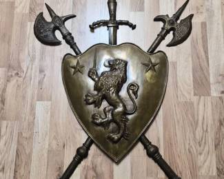 VintageMoldedBrassLionShieldWallPlaquewithCrossedAxesSword