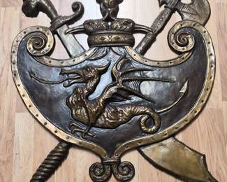 VintageMoldedBrassReliefDragonCoatofArmsWallPlaque