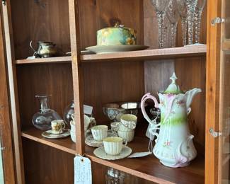 Exquisite mid-century Wine Goblet, Limoges covered tort dish, Antique Tea Pot, Vintage Demitasse Cups and Saucers