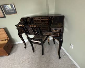 Chinese chinoiseri harpsichord style black lacquer desk and chair