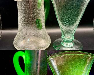 (2) Crackle Glass Vessels Vintage