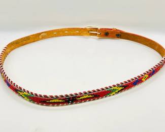 Hand Beaded And Laced Cowhide Leather Belt — Size 32
