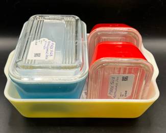 (4) PYREX Vintage Refrigerator Dishes — Red, Blue Yellow Four vintage Refrigerator dishes:  1 PYREX 503 Yellow, 1950-1959, 9 1/2" wide.  1 PYREX 502-B Blue, with cover.  2 PYREX 501-B Red, with covers.   No chips or cracks. 