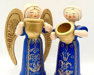 (2) vintage Erzgebirge Style wooden angel figurines