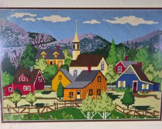 Framed needlepoint town scene