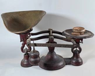 Antique balance scale, tray and weights