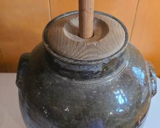 Large antique double handle crock butter churn