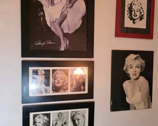 Assortment of Marilyn Monroe wall decor, one is a framed needlepoint