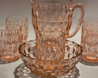 Pink Depression glass, Jeannette Windsor Diamond beverage set