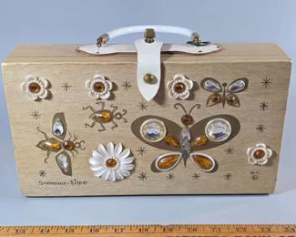 Enid Collins 'Glitter Bugs' wooden box purse from the 1960s