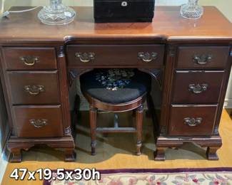 Vintage vanity with matching needlepoint stool