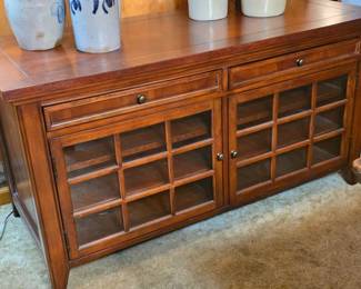 Media cabinet with double glass doors and two drawers