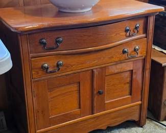 Oak washstand with pitcher and bowl
