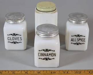 Vintage milk glass hoosier cabinet jars with lids