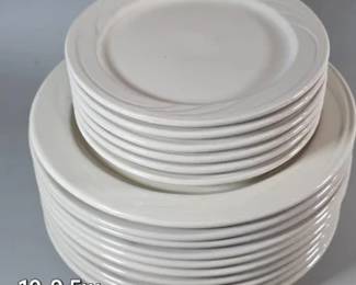 Multiple lots of various sizes and shapes of restaurantware plates, platters and bowls. Ironstone and melamine, some vintage, some new in boxes