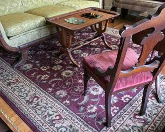 Victorian Duncan Phyfe sofa, mahogany coffee table, Eastlake parlor chairs and large area rug