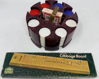 87 VintagePokerChipCaddyLoweCribbageBoard7Puzzles