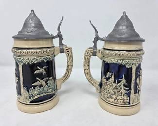 185 2VintageGermanBeerSteinsInCobaltBlueStonewareWithPewterL