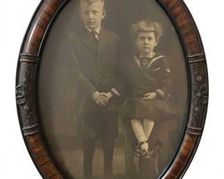 Antique Oval Portrait with Convex Bubble Glass and Tiger Wood Frame