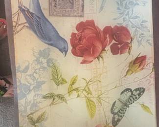 Art Fused Glass Artistic Platter Postcard Theme W or Red Roses Butterfly Bird