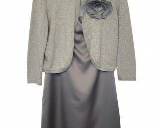 Womens Grey Knit Cardigan with Fabric Rose Brooch