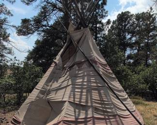 Vintage Canvas Tipi with Wooden Pole Set