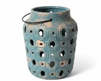 Teal Glazed Ceramic Geometric Cutout Lantern