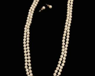 Double Strand Pearl Necklace and Earring Set with Gold Clasp