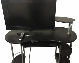 Modern Metal and Wood Computer Desk with Elevated Monitor Shelf