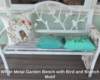 White Metal Garden Bench with Bird and Branch Motif