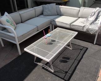 Modern White Metal Outdoor Sectional and Mesh Coffee Table Set